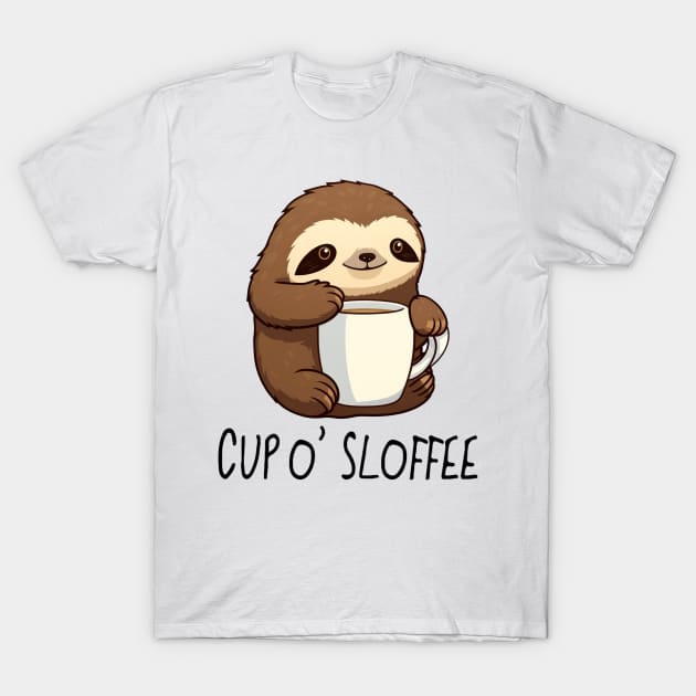 Cute Funny "Cup o' Sloffee" Sloth Drawing T-Shirt by MugsForReal